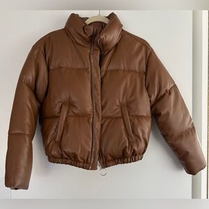 Aqua, Like New, Faux Leather Brown Puffer Jacket, Silver Round Zipper Pull, XS,
